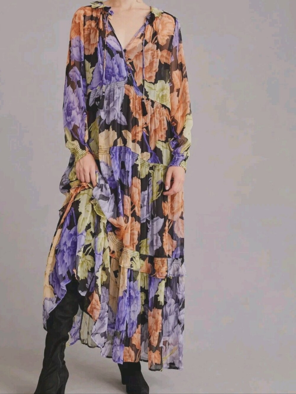 Anthropologie The Marais Printed Chiffon Tiered Maxi Dress Purple Floral S